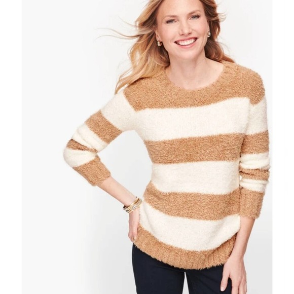 Talbots Ultra Plush Stripe Crewneck Sweater Tan Cream Size XL - Picture 2 of 3